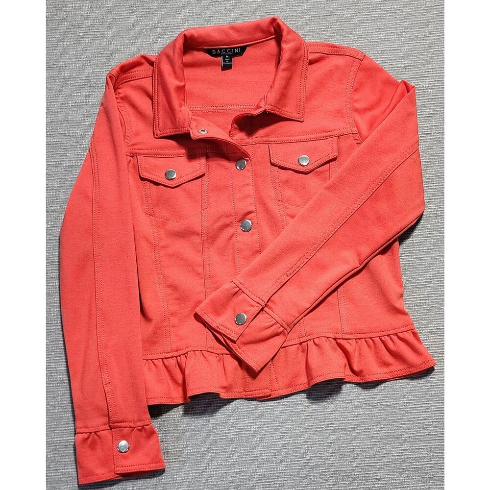 Baccini Ruffle Hem Knit Jacket Women’s Medium Coral Button Front